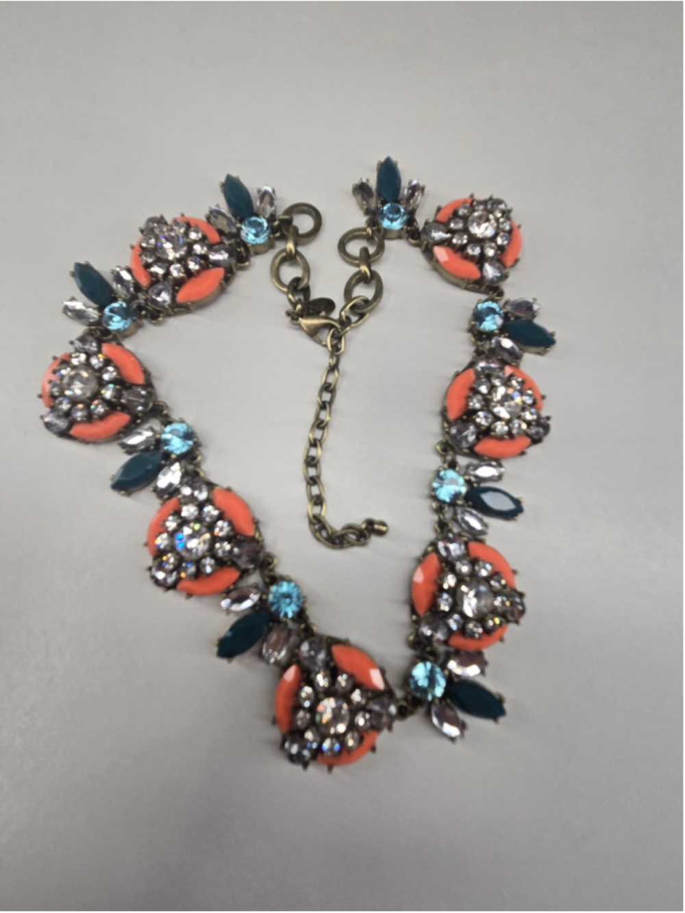 Vintage Joan Rivers Statement Necklace Orange Teal Glass Crystals Luxury Floral - Picture 5 of 11